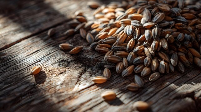 Macro view of barley grains scattered on a rustic wooden surface with dramatic lighting