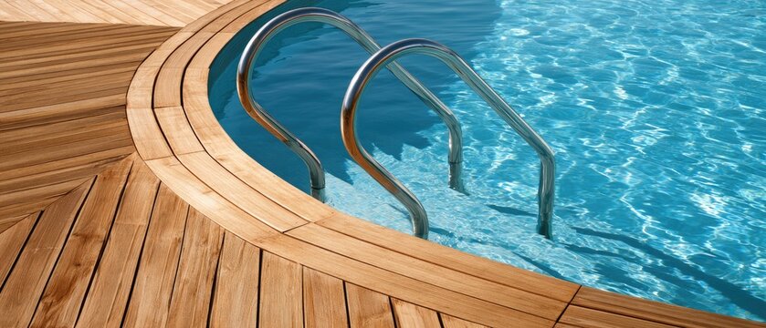 Gleaming pool steps descend into clear turquoise water, bordered by a curved wooden deck