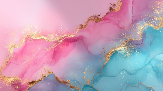 Abstract pink and blue marble with gold glitter
