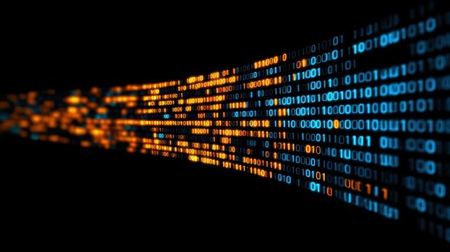Digital stream of binary code data on black background