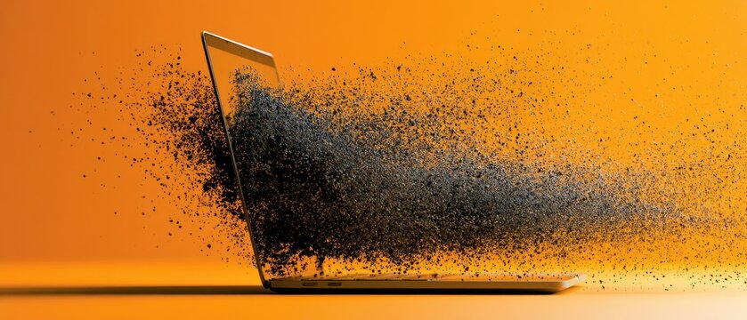 Laptop screen dissolving into a cloud of black particles against orange background