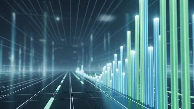 A digital visualization of glowing bar charts representing financial growth and data analysis trends