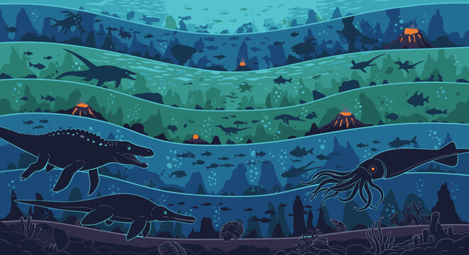 Underwater scene illustration of prehistoric marine animals and volcanic vents
