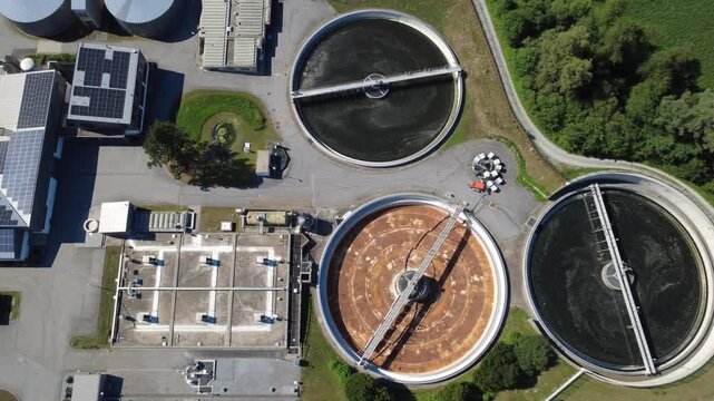 Aerial top down of clarifier tanks at a wastewater treatment plant