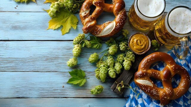 Oktoberfest flat lay with pretzels, beer, mustard, and hops on blue wood