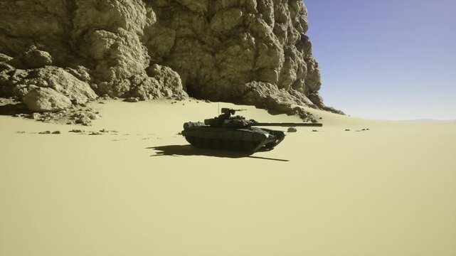 Armored tank stationed beside towering cliffside, ready posture, long barrel aimed forward, textured rock backdrop, high midday light, atmosphere of alertness