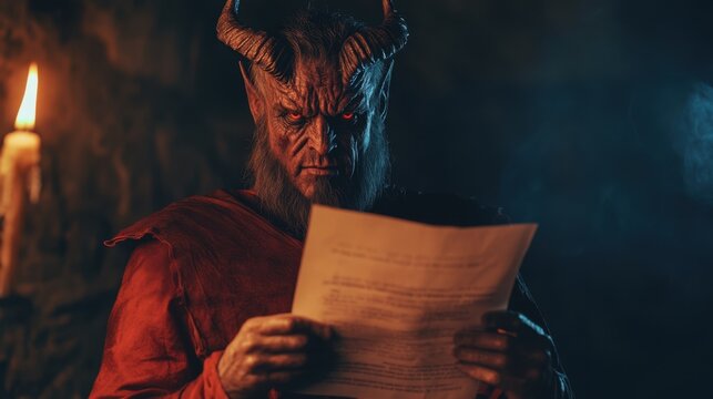 A mythical demon or devil character reading a ancient parchment pact scroll in dark cave