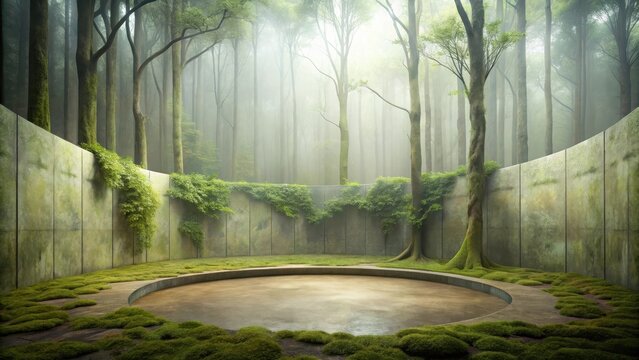 Secluded Circular Sanctuary in a Misty Forest Enclave with Weathered Walls and Lush Greenery