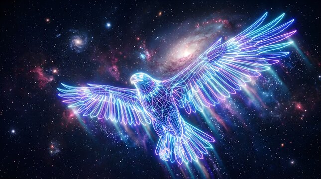 Glowing digital wireframe eagle flying through deep space galaxy