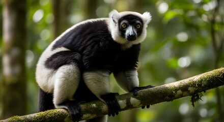 Fototapeta premium Black and white ruffed lemur perched on mossy tree branch in lush green jungle with soft bokeh background