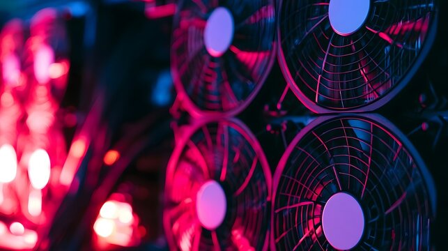 Close up of multiple computer cooling fans glowing under vibrant pink and blue lighting in a tech environment