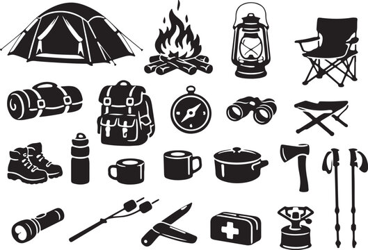 Complete camping equipment collection including modern dome tent, traditional campfire with wooden logs, vintage camping lantern, rolled sleeping bag with straps, large hiking backpack, navigation com