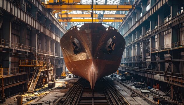 Front view of ship bow under construction in shipyard.