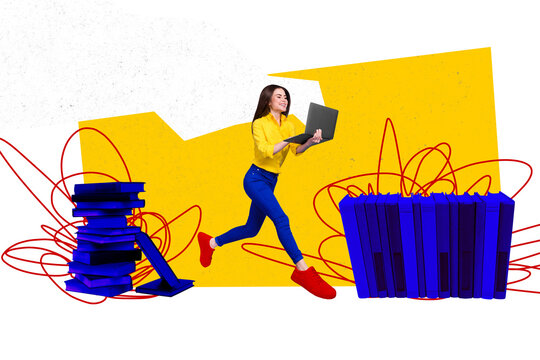Creative picture collage young smiling girl laptop computer elibrary bookstore ecommerce online store promo drawing doodles