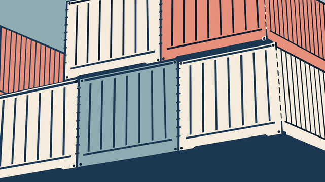 Global trade involves shipping containers stacked at a port facility in a busy urban area during daylight hours