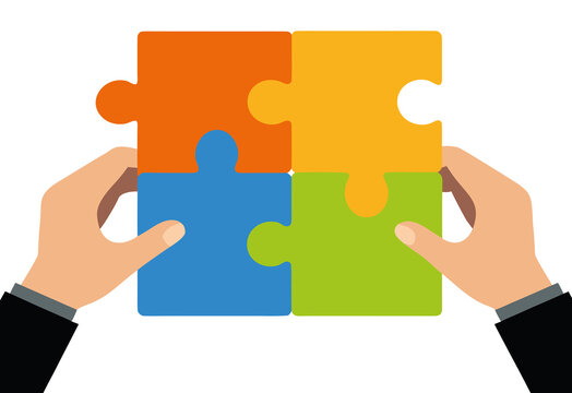 Two Hands Connecting Puzzle Pieces. Partnership and Synergy Concept. 