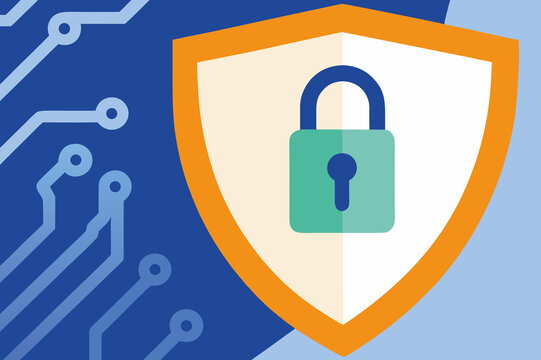 Digital security concept with shield and padlock symbol on a circuit background design