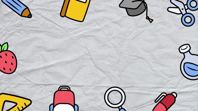 Education motion background Flat design featuring animated school icons surrounding copy space, perfect for educational videos and presentations.