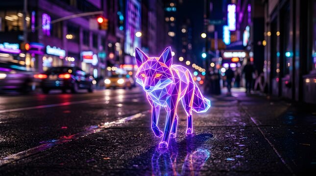 Neon geometric fox walking on a city street at night with urban lights