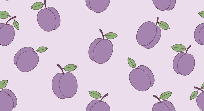 Charming seamless pattern with whole purple plums and green leaves scattered on a light violet background.