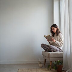 Obraz premium Young woman reading a book cross-legged on a bench in a bright minimalist room