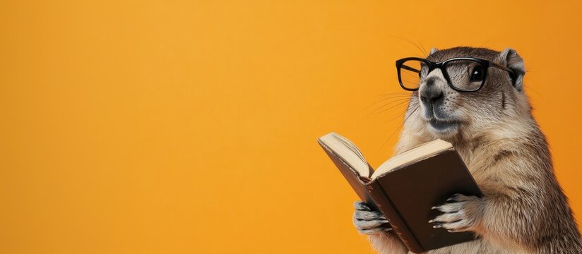 Funny groundhog wearing glasses holding and reading an open book on a bright yellow background