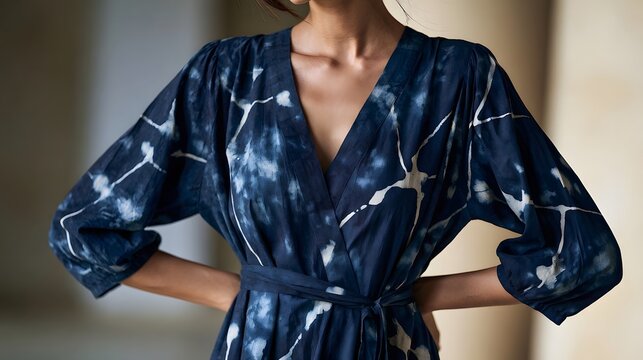 A person wearing a flowing V neck dress with wide sleeves and tie waist  featuring an indigo blue and white abstract pattern