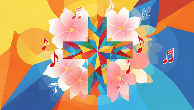 Cheerful church easter background with mosaic cross and song notes