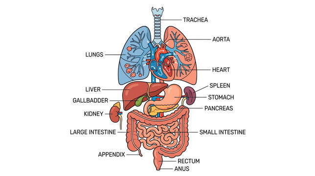Human Anatomy Diagram: Lungs, Heart, Digestive System, Kidneys, Liver