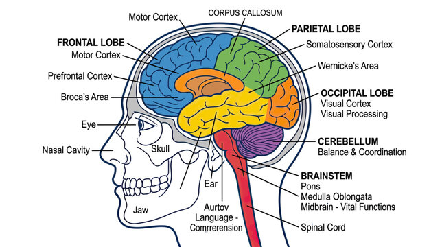 Human Brain Anatomy Diagram with Lobe and Function Labels