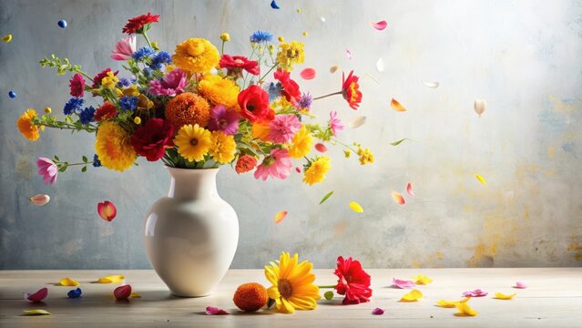 Vibrant floral arrangement in a white vase with petals gently falling, creating a sense of delicate beauty and ephemeral grace