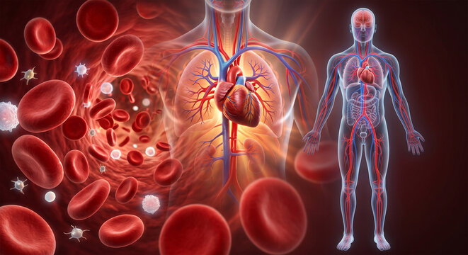 Human cardiovascular system and blood circulation 3D medical illustration, clean anatomy diagram showing heart, arteries, veins, red blood cells flow inside blood vessel, medical concept.