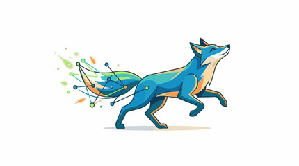 Fototapeta premium Blue stylized fox leaps forward with a digital network tail