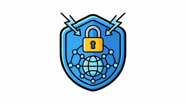 Blue shield with golden lock globe network and lightning bolts