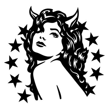Vector isolated devil girl portrait, woman with horns, horned girl, face, art, poster, engraving, hysteric glamour style