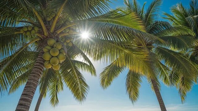 A low angle view of vibrant green palm trees against a bright blue sky with sunlight