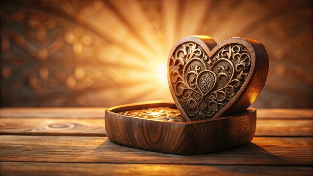 Intricate Wooden Heart-Shaped Box on Rustic Wooden Surface, Illuminated by Warm Golden Light