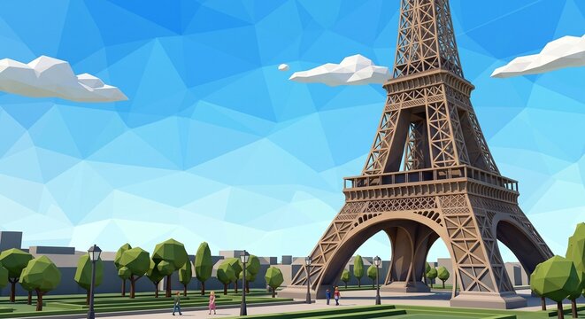 Low poly illustration of Eiffel Tower in Paris during daytime