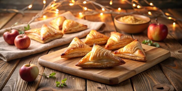 Golden-brown pastries arranged on a rustic wooden board, accompanied by fresh apples and a bowl of sweet filling, illuminated by warm string lights, creating a cozy autumnal scene
