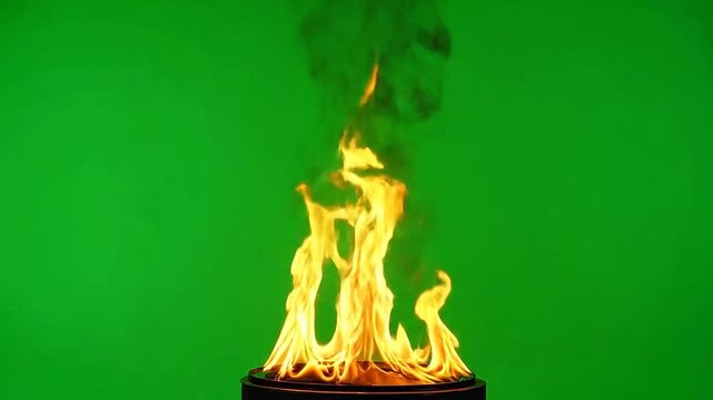 A bright orange flame burns steadily against a solid green background