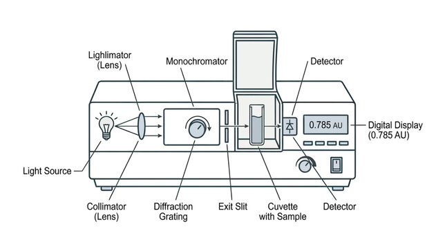 Spectrophotometer Diagram: Light Source, Monochromator, Cuvette, Detector, Digital Display
