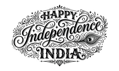 Obraz premium Happy independence day india calligraphy with peacock feather illustration