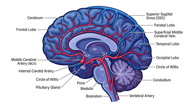 Human Brain Anatomy Diagram with Blood Vessels and Labeled Parts