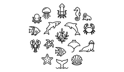 Ocean Wildlife Line Icon Collection with Sea Creatures Editable Stroke Vector Set © MdAsif