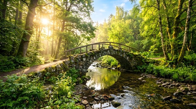 Stone bridge over a peaceful stream in a sunlit forest at sunrise
