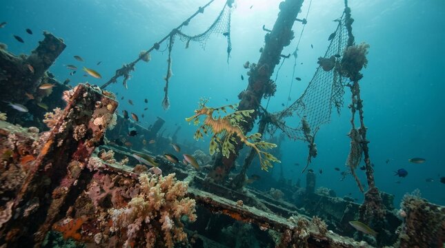 Underwater view of coral reef and shipwreck with marine life