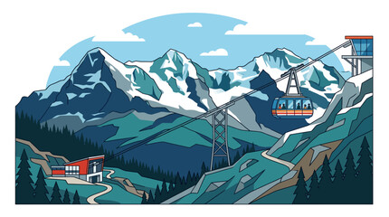 Mountain landscape with ski lift and snow-capped peaks. © sarda
