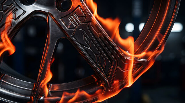 Premium custom sports car wheel rim on fire with dramatic blazing flames