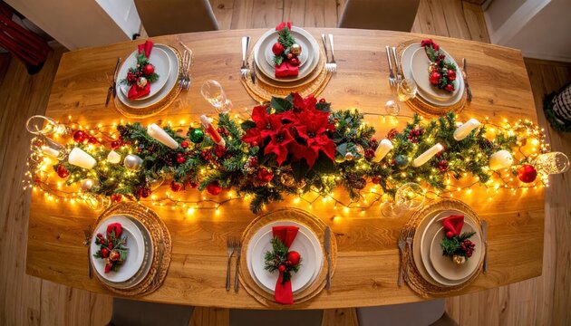 Elegant Christmas dinner table setting with festive decorations overhead.