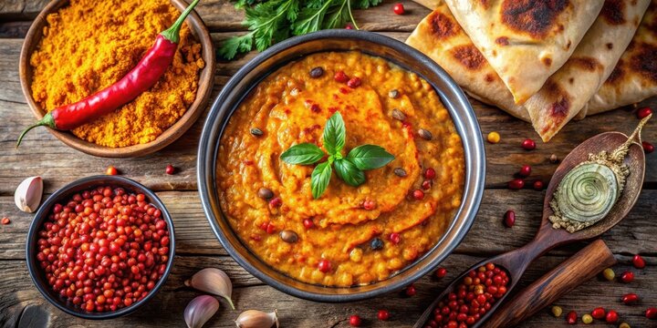 Aromatic Spiced Stew with Flatbread and Herbs, Garnished with Peppers and Spices in a Rustic Setting